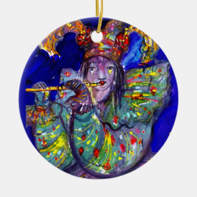FLUTIST IN BLUE / Venetian Carnival Night Ceramic Ornament (Front)