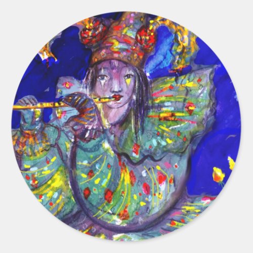 FLUTIST IN BLUE  Venetian Carnival Night Classic Round Sticker