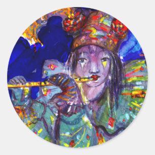 FLUTIST IN BLUE / Venetian Carnival Night Classic Round Sticker
