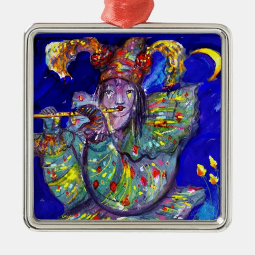 FLUTIST IN BLUE  Venetian Carnival Night Metal Ornament