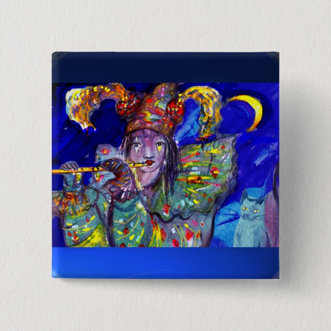 FLUTIST IN BLUE / Venetian Carnival Night Pinback Button (Front)