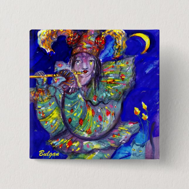 FLUTIST IN BLUE / Venetian Carnival Night Pinback Button (Front)