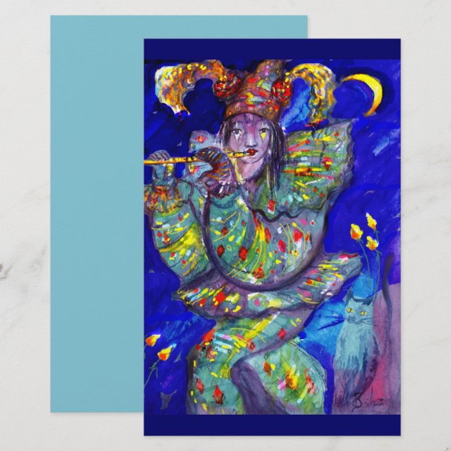 FLUTIST IN BLUE / Venetian Carnival Night Statione Stationery (Front/Back)
