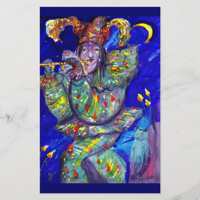 FLUTIST IN BLUE / Venetian Carnival Night Stationery (Front)