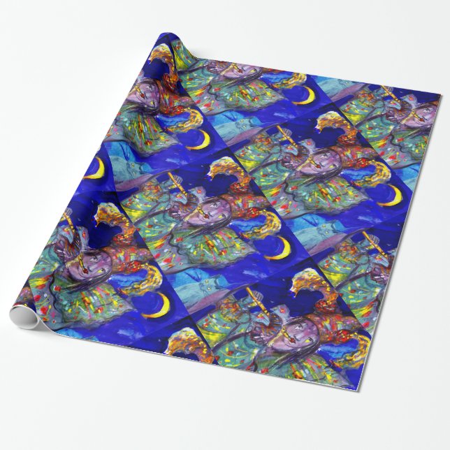 FLUTIST IN BLUE  / Venetian Carnival Night Wrapping Paper (Unrolled)
