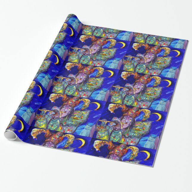 FLUTIST IN BLUE  / Venetian Carnival Night Wrapping Paper (Unrolled)