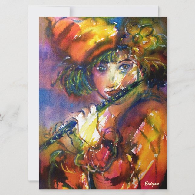 FLUTIST PORTRAIT Venetian Masquerade Gold Yellow Invitation (Front)