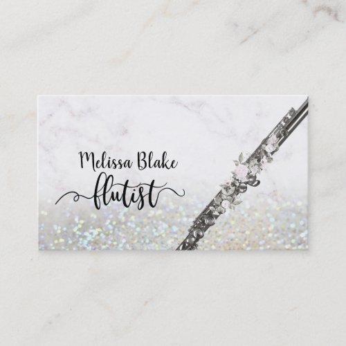 flutist script on faux glitter business card