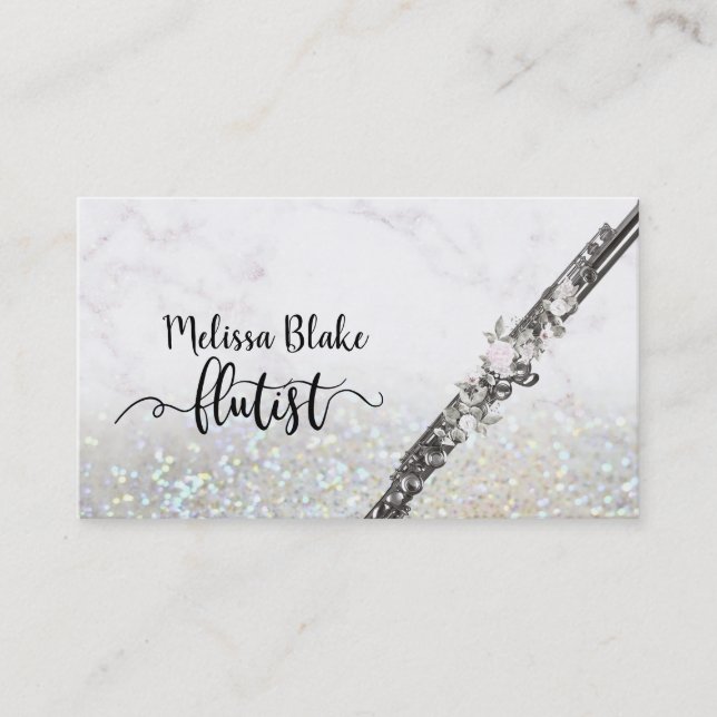 flutist script on faux glitter business card (Front)