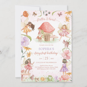 Flutter and Twirl Fairy First 1st Birthday Invitation