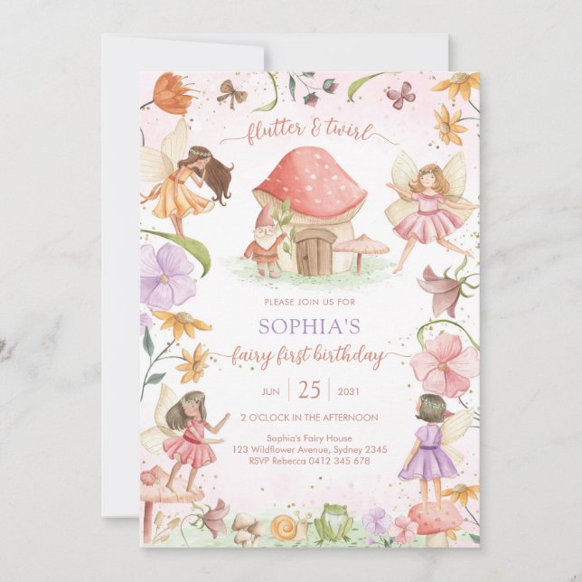 Flutter and Twirl Fairy First 1st Birthday Invitation (Front)