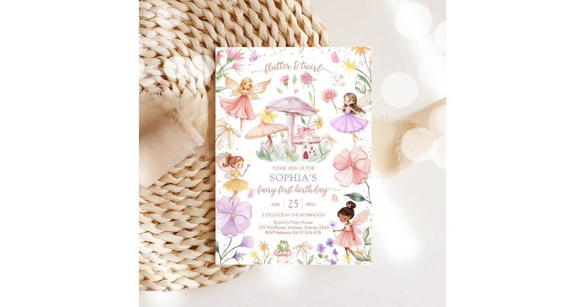 Flutter and Twirl Fairy First 1st Birthday Invitation | Zazzle