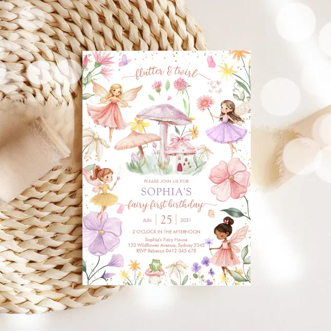Flutter and Twirl Fairy First 1st Birthday Invitation | Zazzle