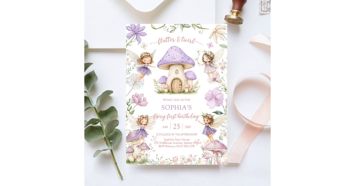 Flutter and Twirl Fairy First 1st Birthday Invitation | Zazzle