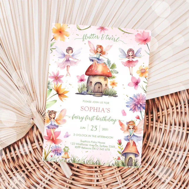 Flutter and Twirl Fairy First 1st Birthday Invitation | Zazzle