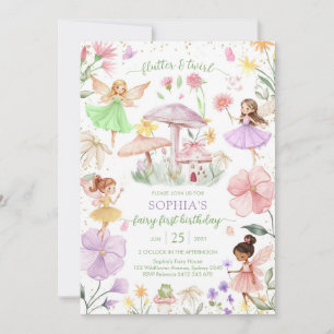 Flutter and Twirl Fairy First 1st Birthday Invitation