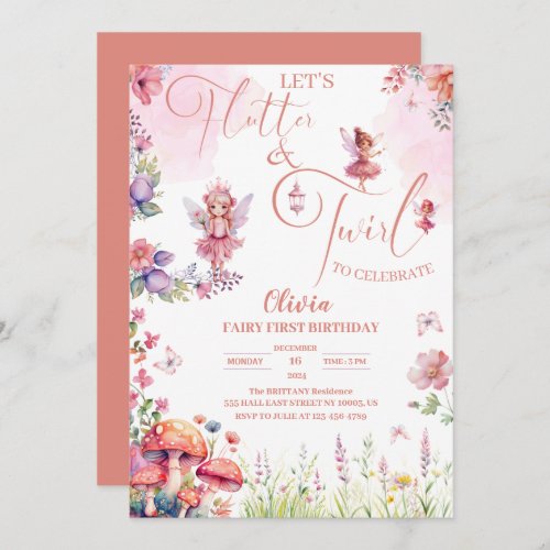 flutter and twirl fairy first birthday invitation