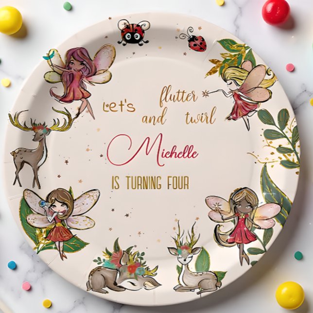 Flutter and twirl, fairy floral garden birthday paper plates (Creator Uploaded)