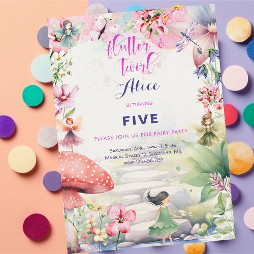 Flutter and twirl Fairy garden watercolor birthday Invitation