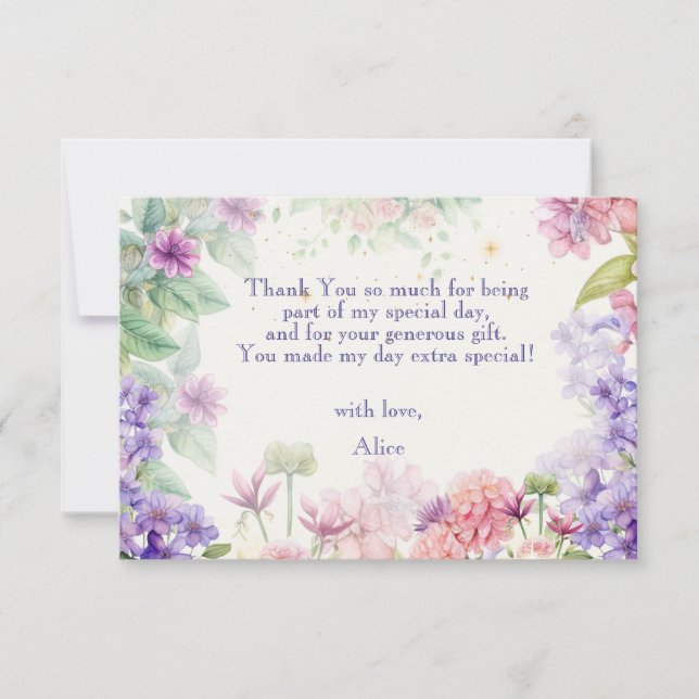 Flutter and twirl Fairy garden watercolor birthday Thank You Card (Front)