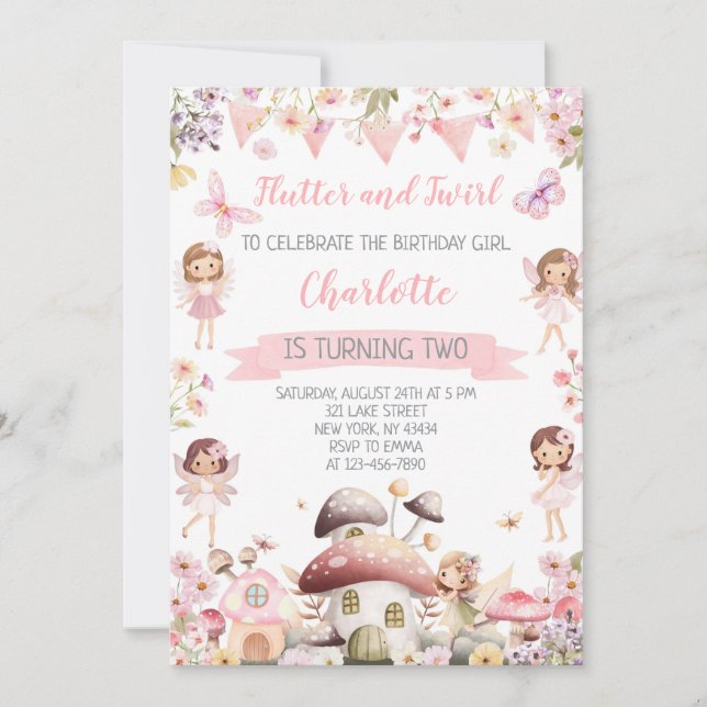 Flutter and Twirl Fairy Second Birthday Party Invitation (Front)