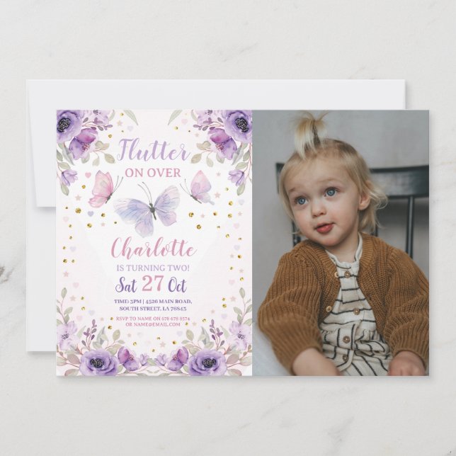 Flutter Butterfly Flower Photo Birthday Party Invitation (Front)