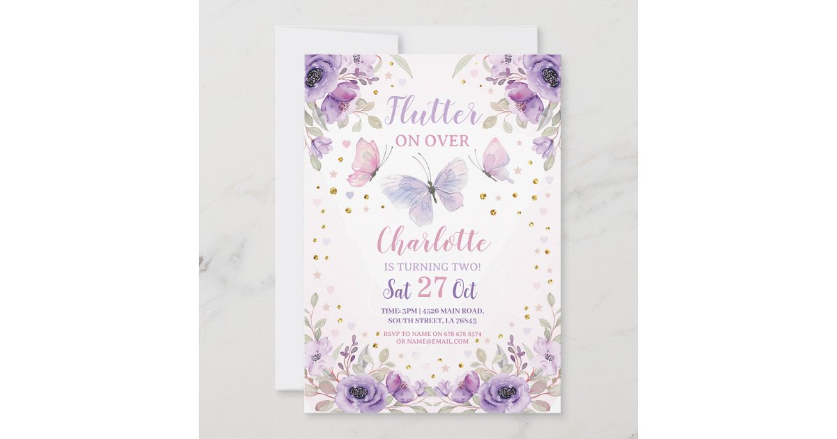 Flutter Butterfly Flower Purple Birthday Party Invitation | Zazzle