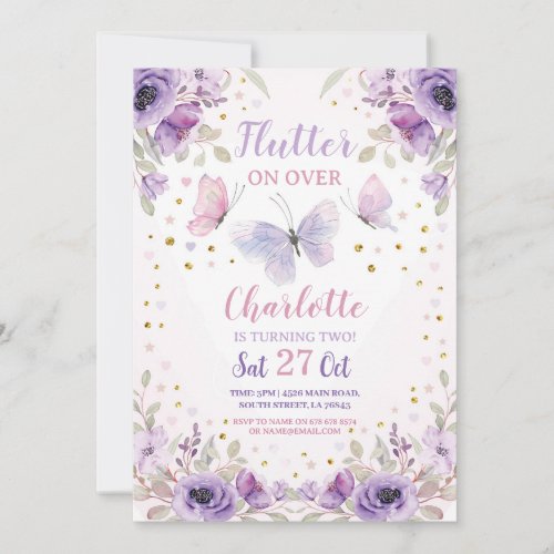 Flutter Butterfly Flower Purple Birthday Party Invitation