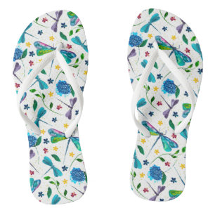 Flutter Dragonfly and Floral Watercolor Flip Flops