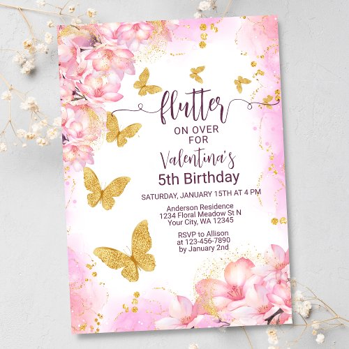 Flutter Gold Butterfly Pink Flowers Girls Birthday Invitation