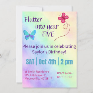 flutter into year five-birthday invitation