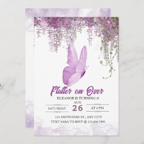 Flutter On Over Butterfly Girl Birthday Invitation