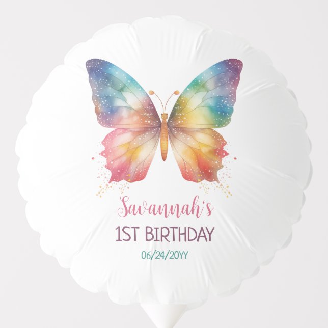 Flutter On Over Rainbow Butterfly 1st Birthday Balloon (Front)