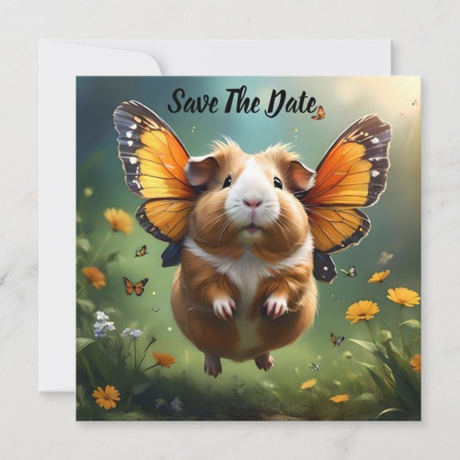 "Flutter Paws: The Guinea Pig Takes Flight" Save The Date (Front)