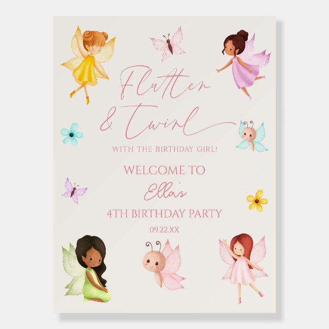 Flutter & Twirl Fairy Birthday Party Welcome Sign (Front)