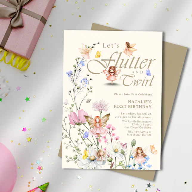 Flutter & Twirl Forest Fairy Girl's First Birthday Invitation | Zazzle