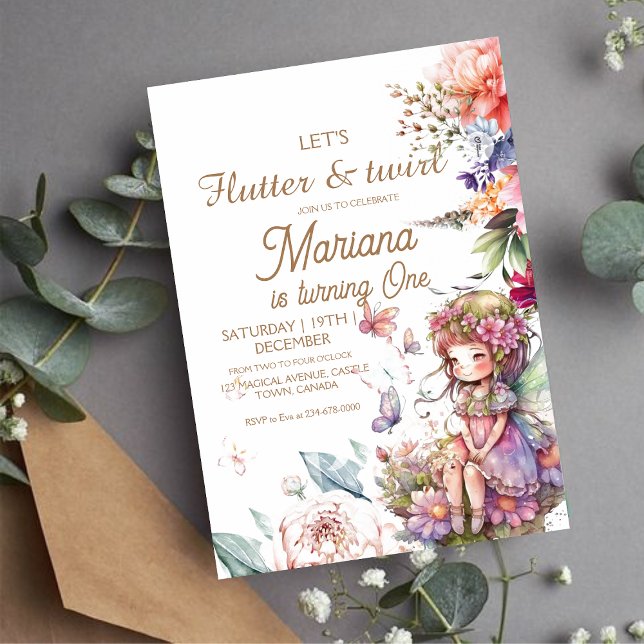 Flutter & twirl Garden Fairy Floral Pixie 1st Invitation (Creator Uploaded)