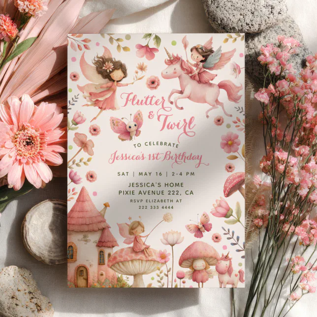 Flutter& Twirl Unicorn Fairy 1st Birthday Party Invitation | Zazzle
