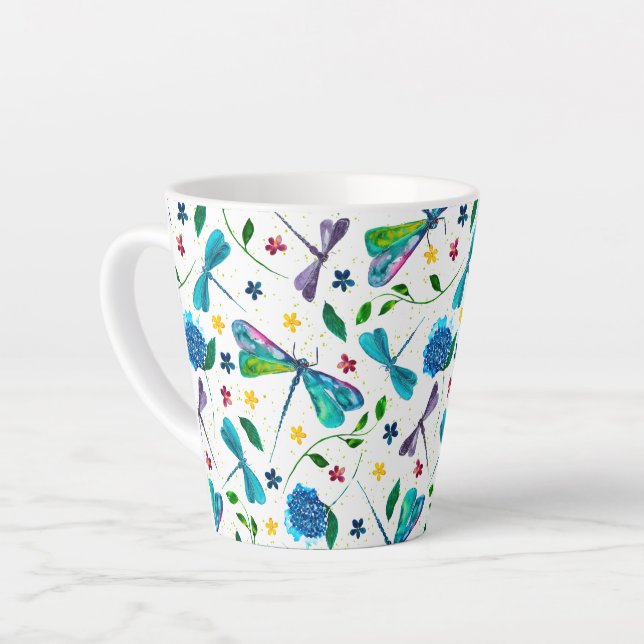 Flutter-Watercolor Dragonfly Garden Designer Latte Mug (Left Angle)
