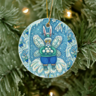 FLUTTERBUN WINTER WONDERLAND, FUNNY BUNNY RABBIT CERAMIC ORNAMENT