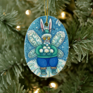 FLUTTERBUN WINTER WONDERLAND, FUNNY BUNNY RABBIT CERAMIC ORNAMENT