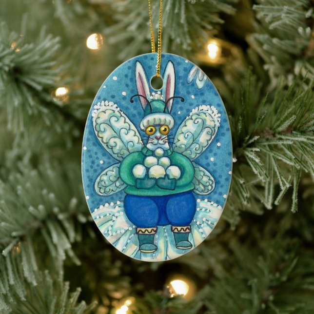 FLUTTERBUN WINTER WONDERLAND, FUNNY BUNNY RABBIT CERAMIC ORNAMENT (Tree)