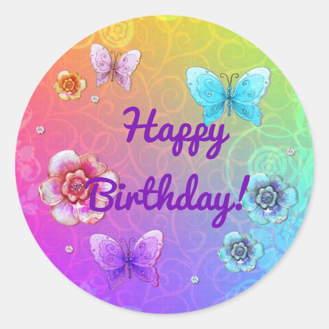 Flutterby Graffiti Jeweled BIRTHDAY Classic Round Sticker (Front)