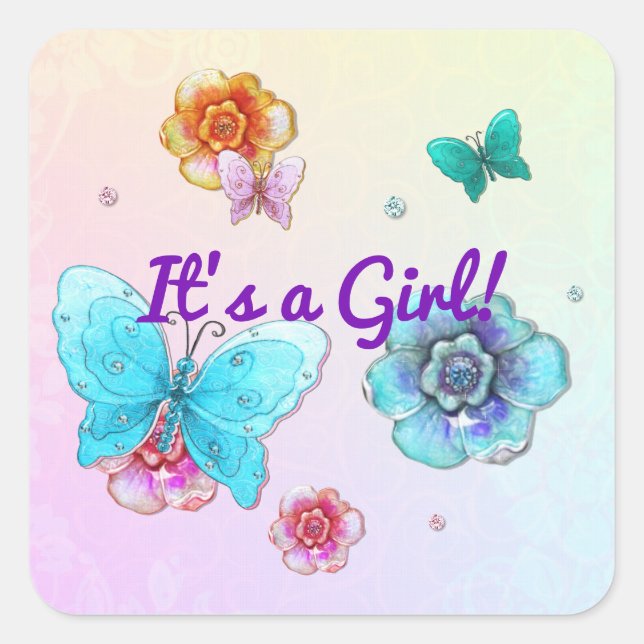Flutterby Graffiti Jeweled ITS A GIRL Square Sticker (Front)