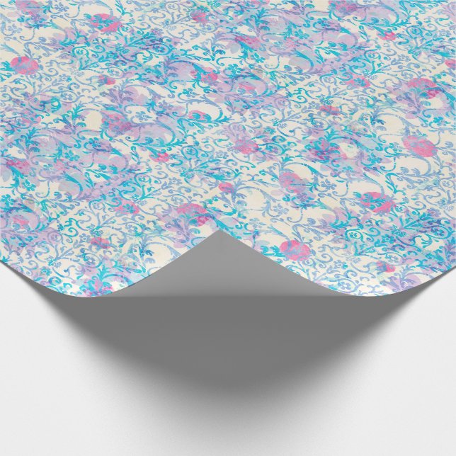 Flutterby Spring Damask Floral Blue Wrapping Paper (Corner)