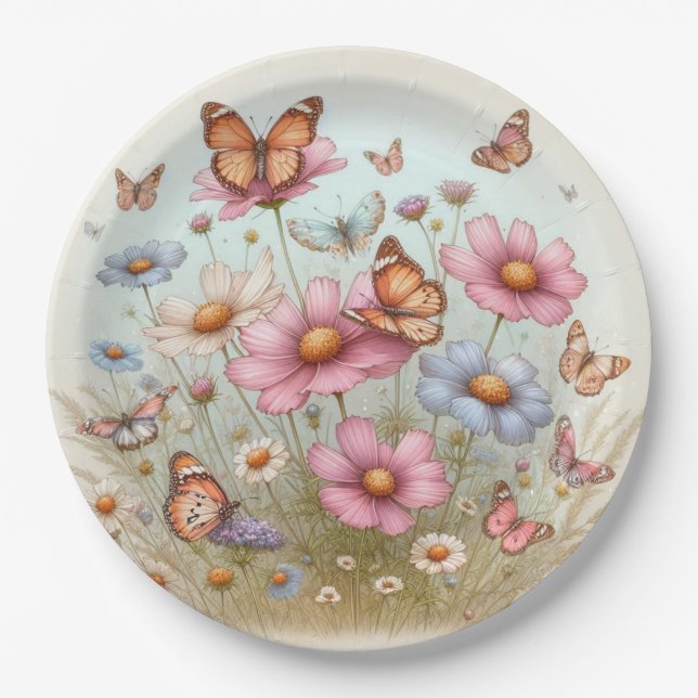  Fluttering Butterflies on Flowers  on round plate (Front)