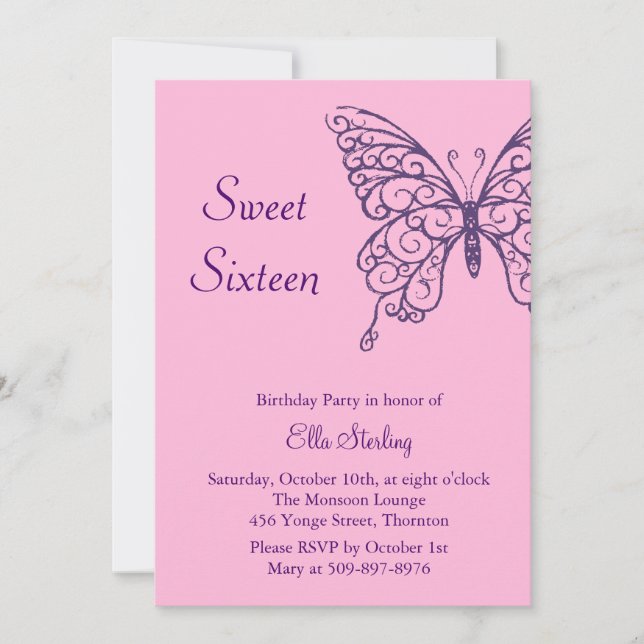 Fluttering Butterflies Sweet Sixteen Invitation (Front)