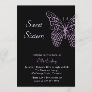 Fluttering Butterflies Sweet Sixteen on Black Invitation