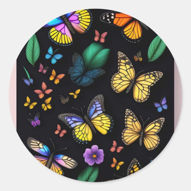 Fluttering elegance:a study of black and butterfly classic round sticker (Front)