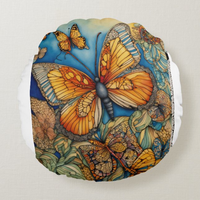 "Fluttering Elegance: Red and Yellow Butterfly Rou Round Pillow (Front)